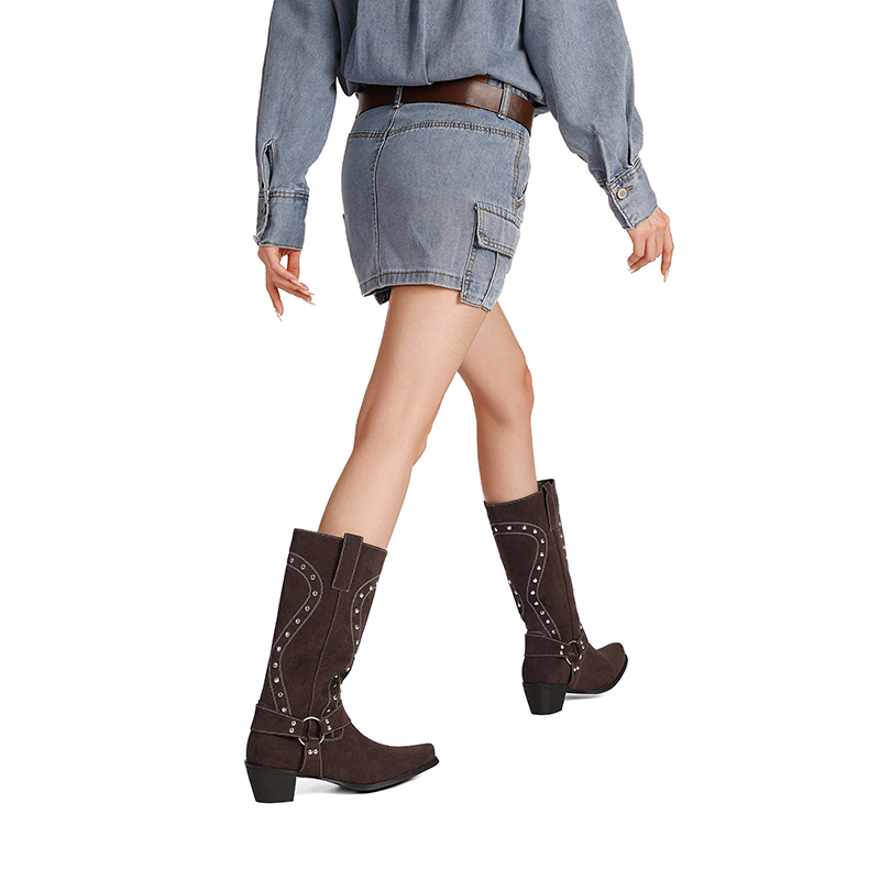 Knight Boots PU Square Toe Chunky Mid Heel Mid Calf - Image 3