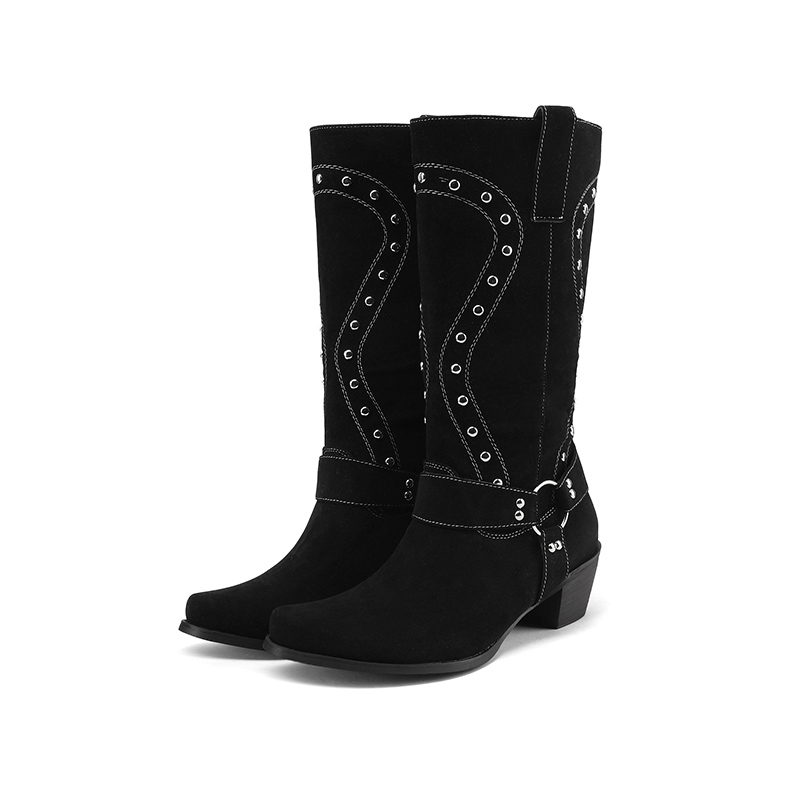 Knight Boots PU Square Toe Chunky Mid Heel Mid Calf - Image 4