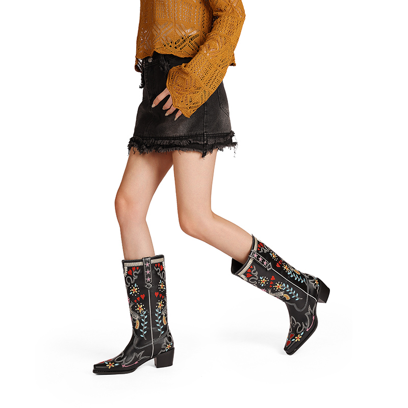 Women's Black PU Square Toe Chunky Heel High Shaft Knight Boots