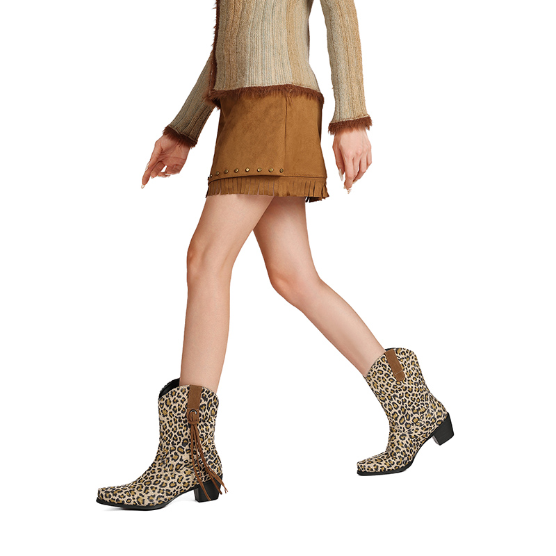 Women's Square Toe Chunky Heel Knight Boots in Leopard Print - Image 2