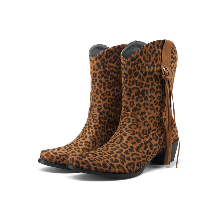 Women's Square Toe Chunky Heel Knight Boots in Leopard Print - Image 4