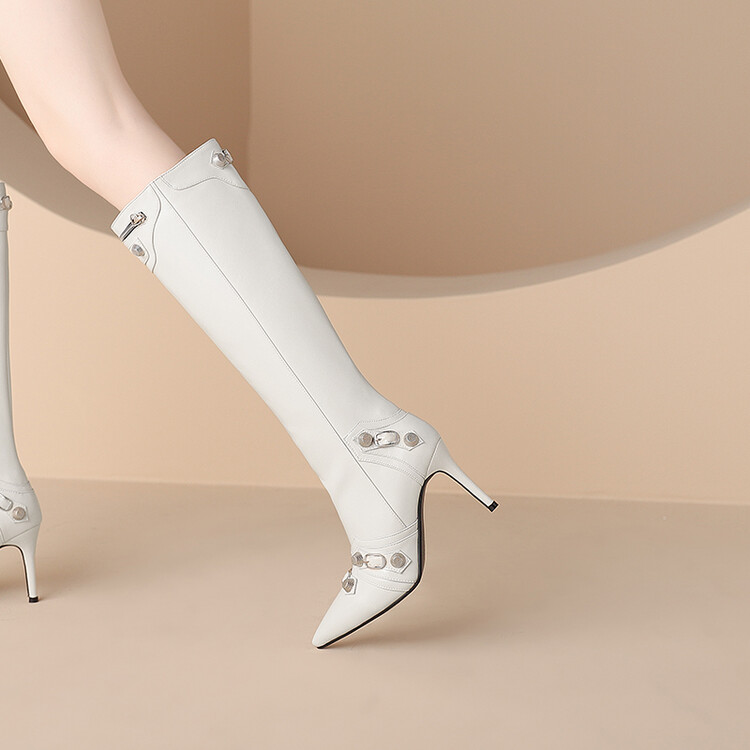 Women's High Heel Pointed Toe High Shaft Fashion Boots with Metal Studs - Image 3