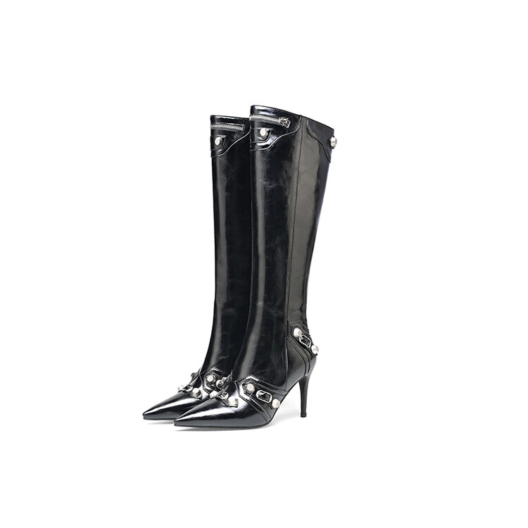 Women's High Heel Pointed Toe High Shaft Fashion Boots with Metal Studs - Image 4