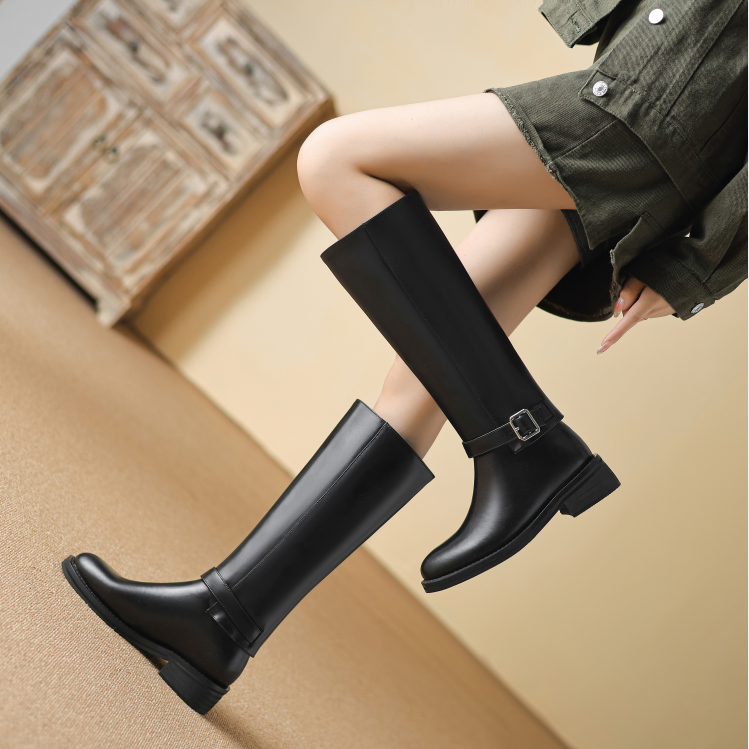 Women's High Shaft Knight Boots Low Heel Slip-On Round Toe Black