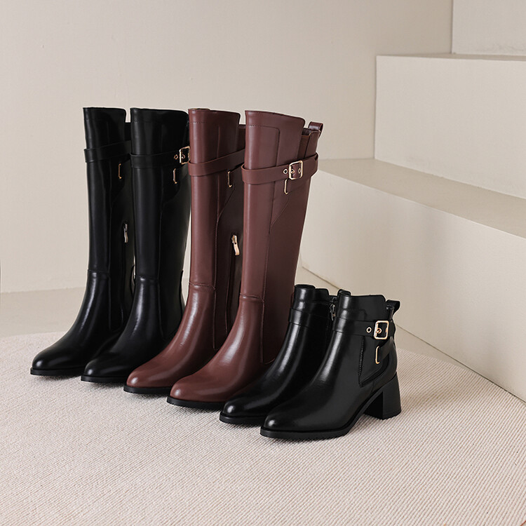 Women's High Shaft Pointed Toe Chunky Heel Fashion Boots with Cross Strap and Metal Accents