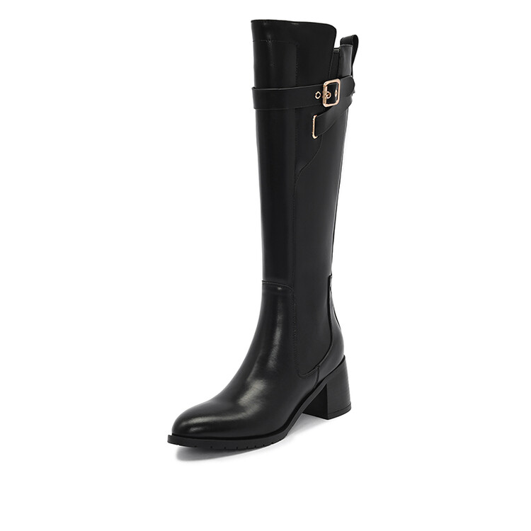 Women's High Shaft Pointed Toe Chunky Heel Fashion Boots with Cross Strap and Metal Accents - Image 4
