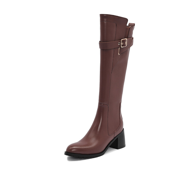Women's High Shaft Pointed Toe Chunky Heel Fashion Boots with Cross Strap and Metal Accents - Image 5
